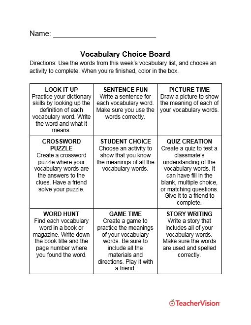 vocabulary-choice-board-teachervision